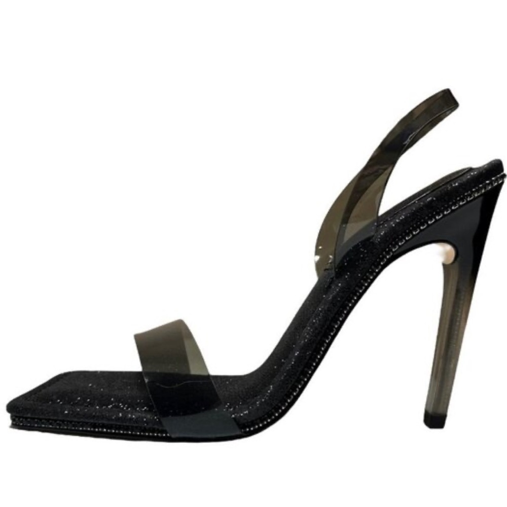 Good American Black Glitter Lucite Slingback Sandal Heels Size 6.5